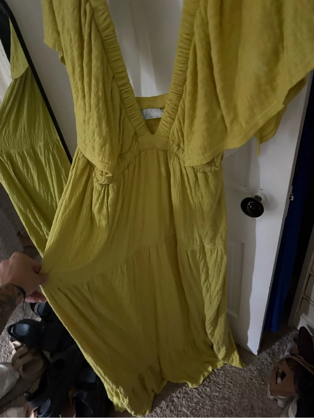 Free People Chartreuse V-Neck Flutter Sleeve Maxi Dress
